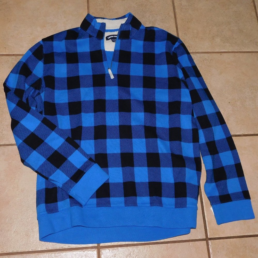 NWT Blue & Black Plaid Quarter Zip Bedford Pullover LAND'S END XL